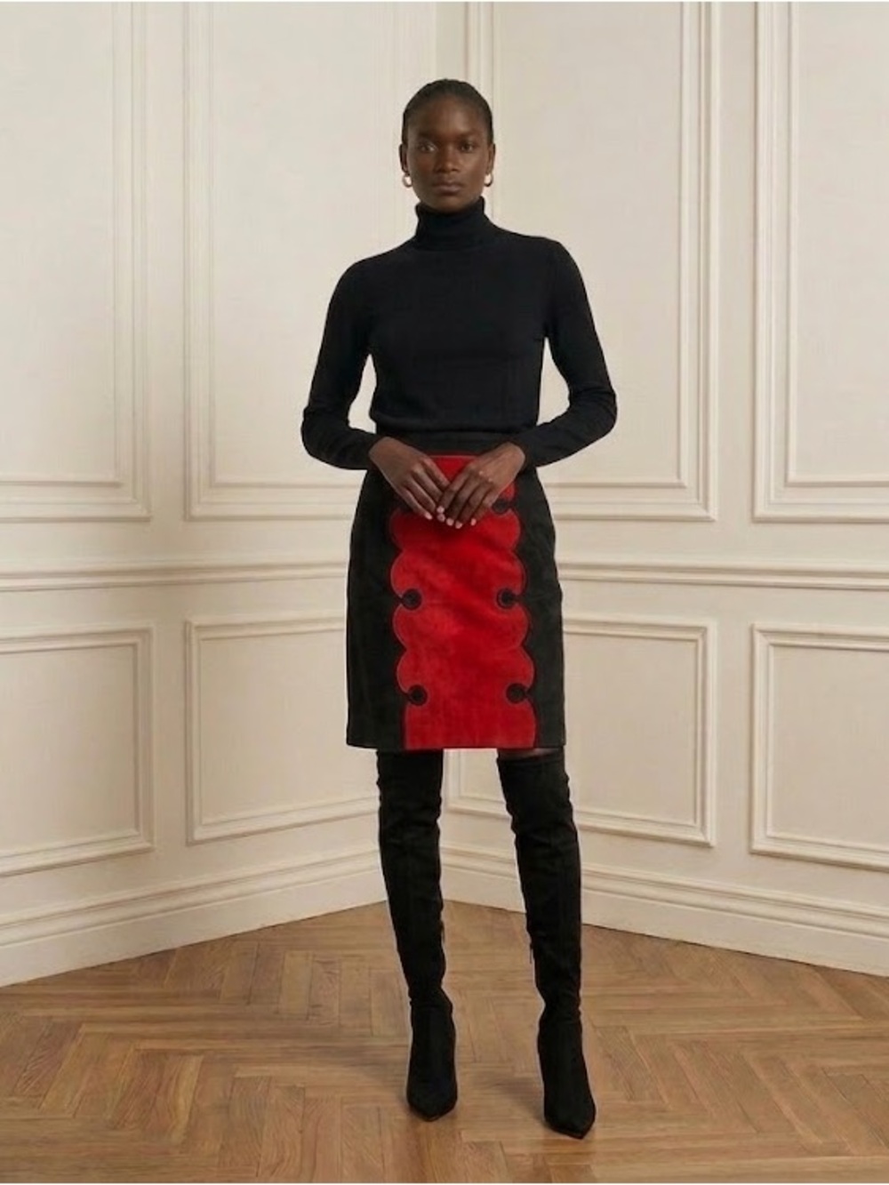 Vintage Canada 100% Suede Black Red Skirt Lined Bold Statement Minimalist Size 7